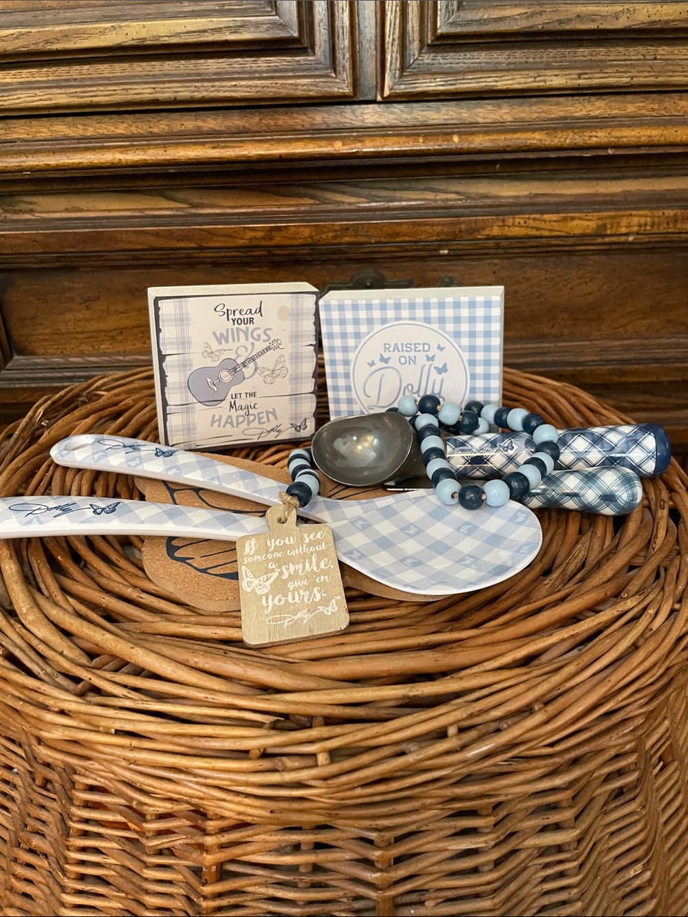 Dolly Parton Blue Gingham Kitchen Utensils and Decorative Blocks